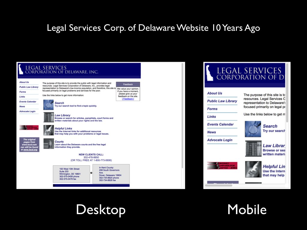 Slide 8: The old LSCD website viewed on desktop and smartphone.