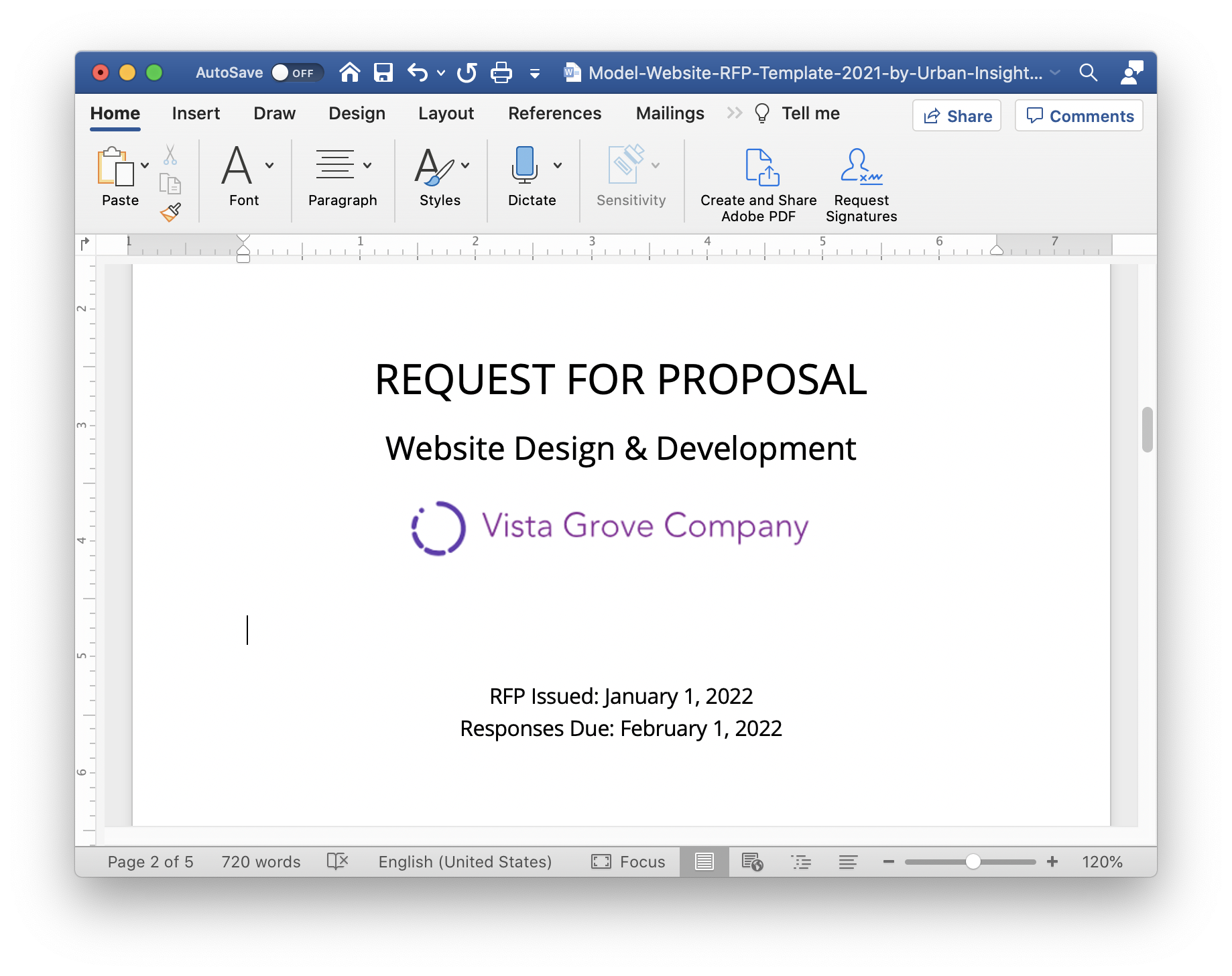 Screenshot of the model website redesign request for proposal RFP template