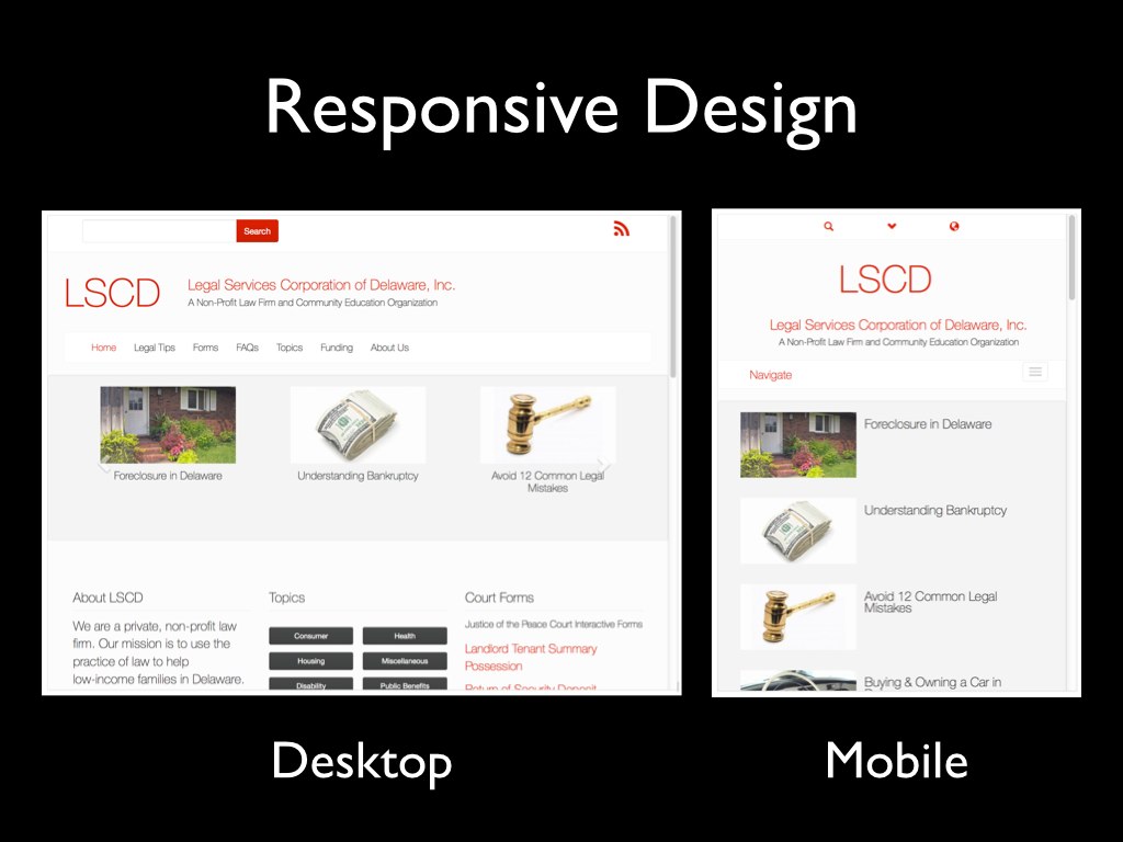 Slide 9: New LSCD website using responsive design viewed on desktop and smartphone.